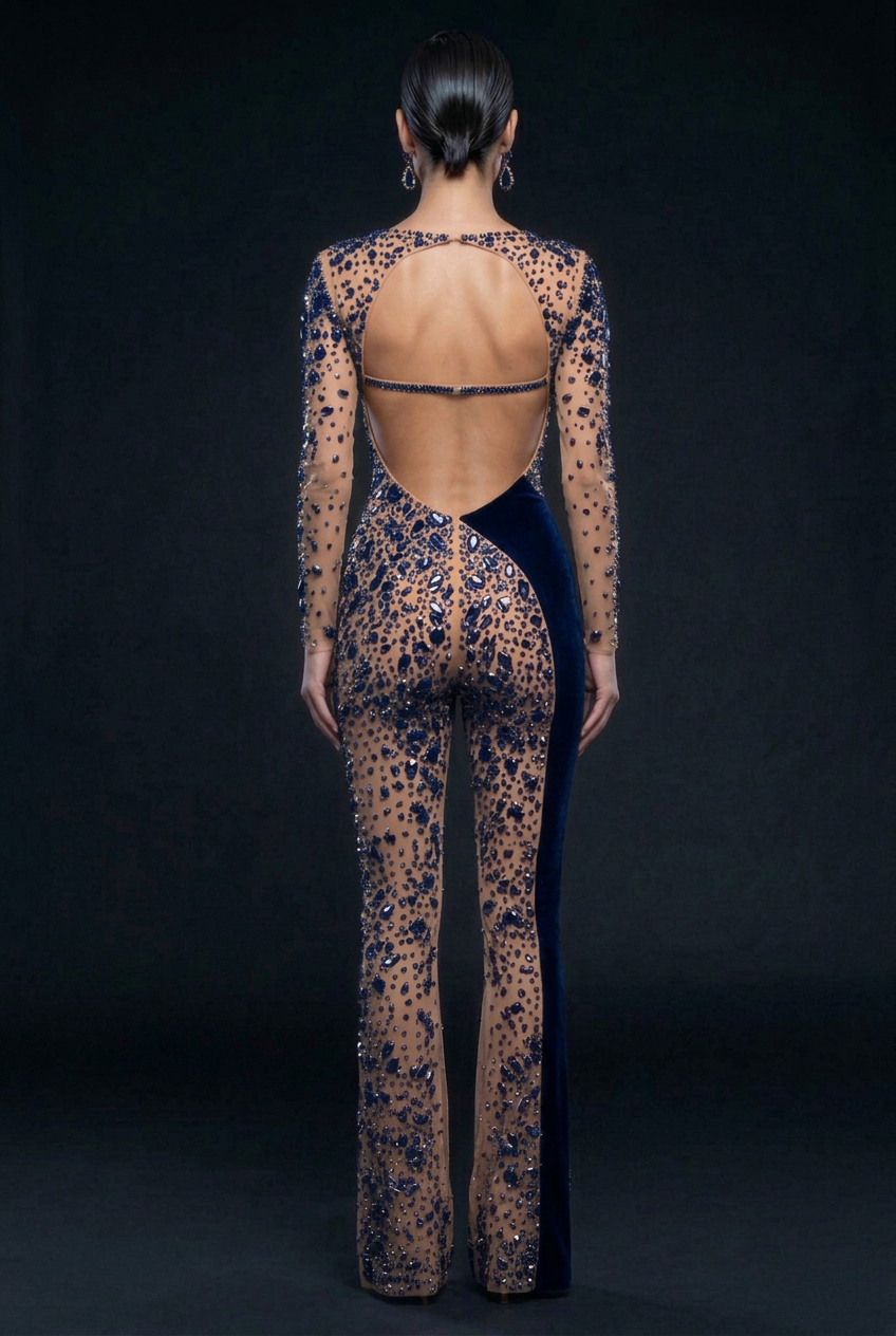 Navy Crystal Jumpsuit - Back