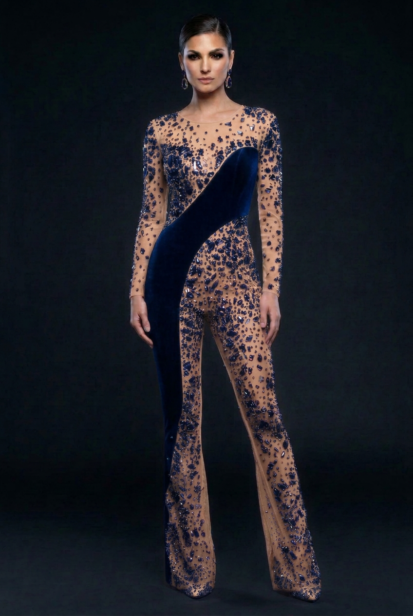 Navy Crystal Jumpsuit - Front