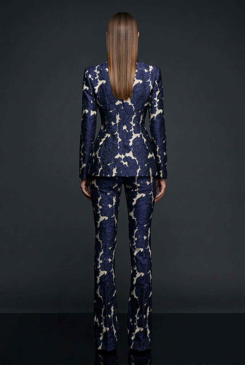 Navy Jacquard Blazer Set - Back Slim Flare