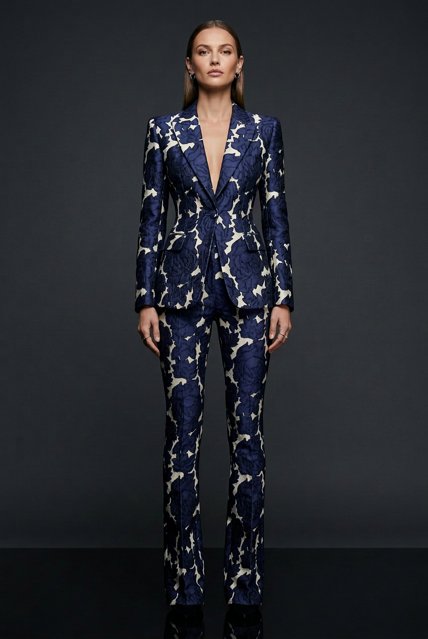 Navy Jacquard Blazer Set - Slim Flare Pants