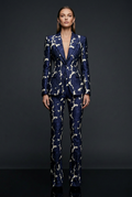 Navy Jacquard Blazer Set - Slim Flare Pants