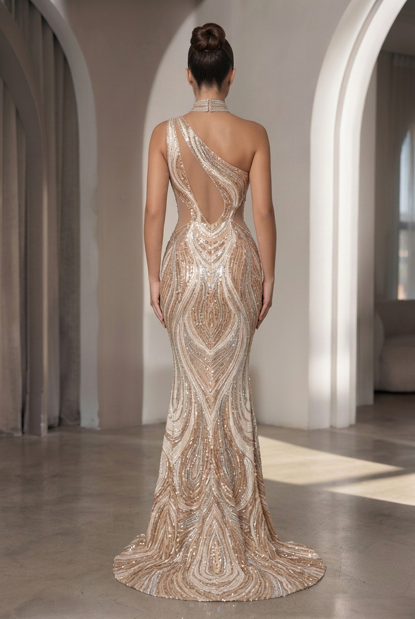 Nude & Crystal Swirl Gown - Back View