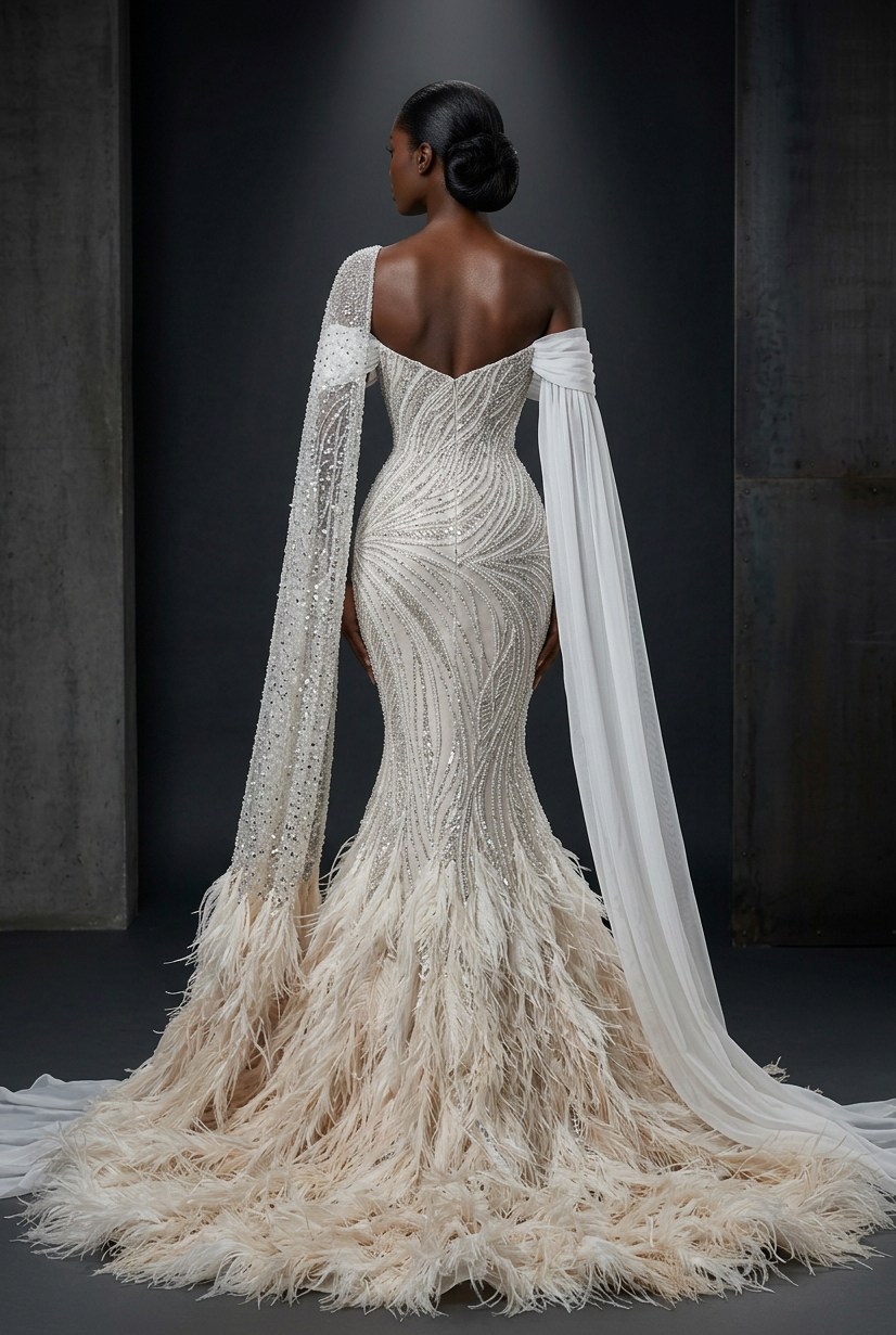 Nude White Crystal Feather Gown - Back View