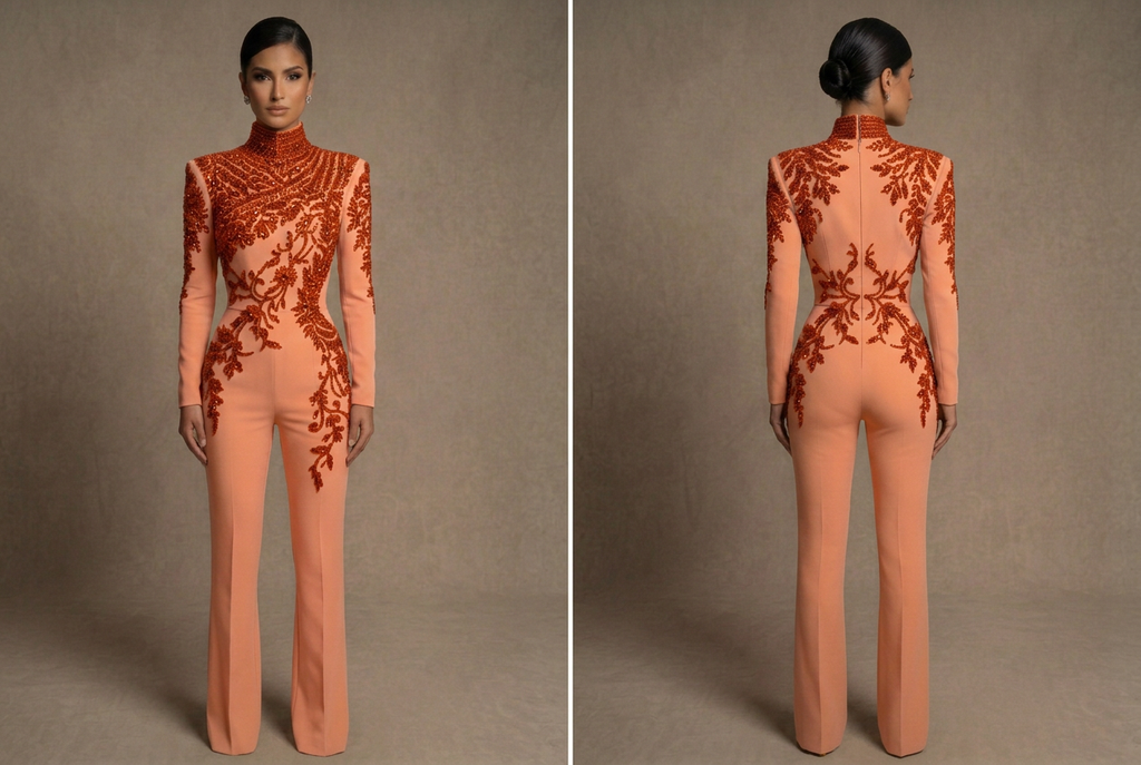 Peach couture jumpsuit with orange crystals, front and back views on a medium-skinned model with short pixie hair