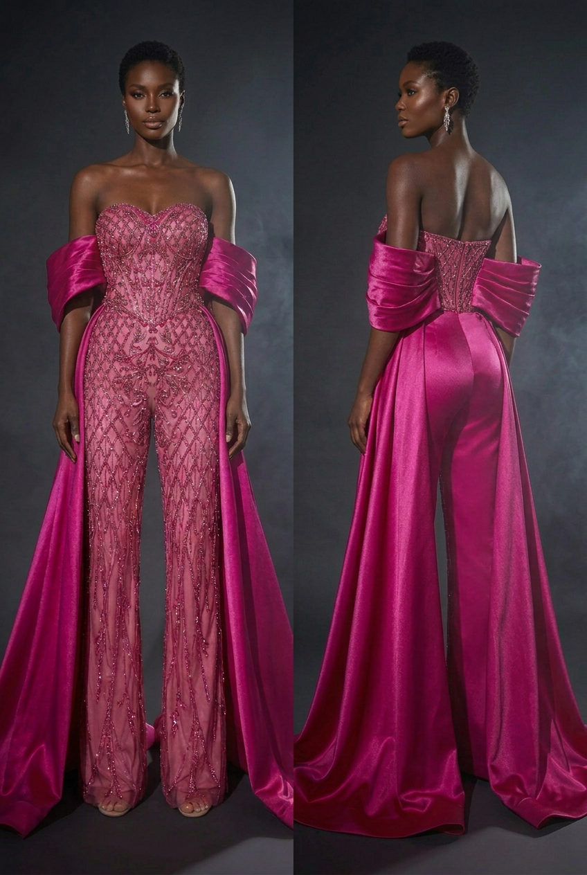 Pink couture jumpsuit on a new model in a moody studio