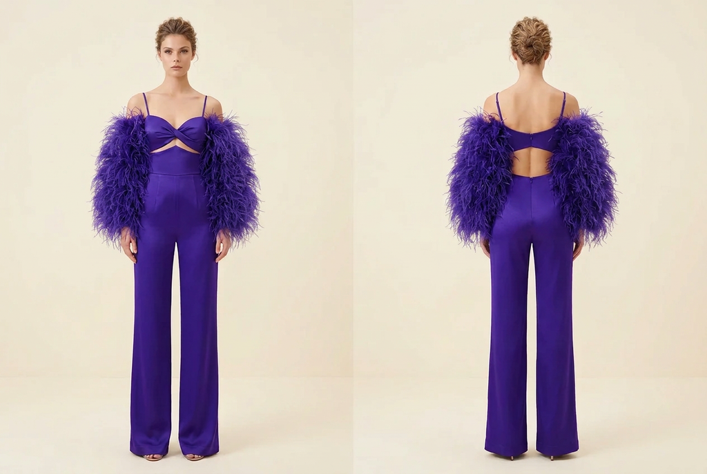 Purple jumpsuit with fuller feather sleeves, front and back views