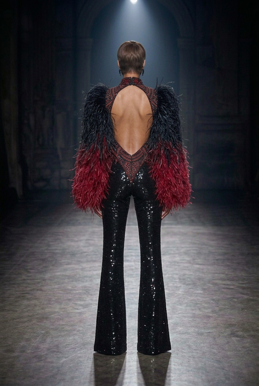 Red Black Feather Jumpsuit - Back View