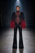 Red Black Feather Sleeve Jumpsuit - Front