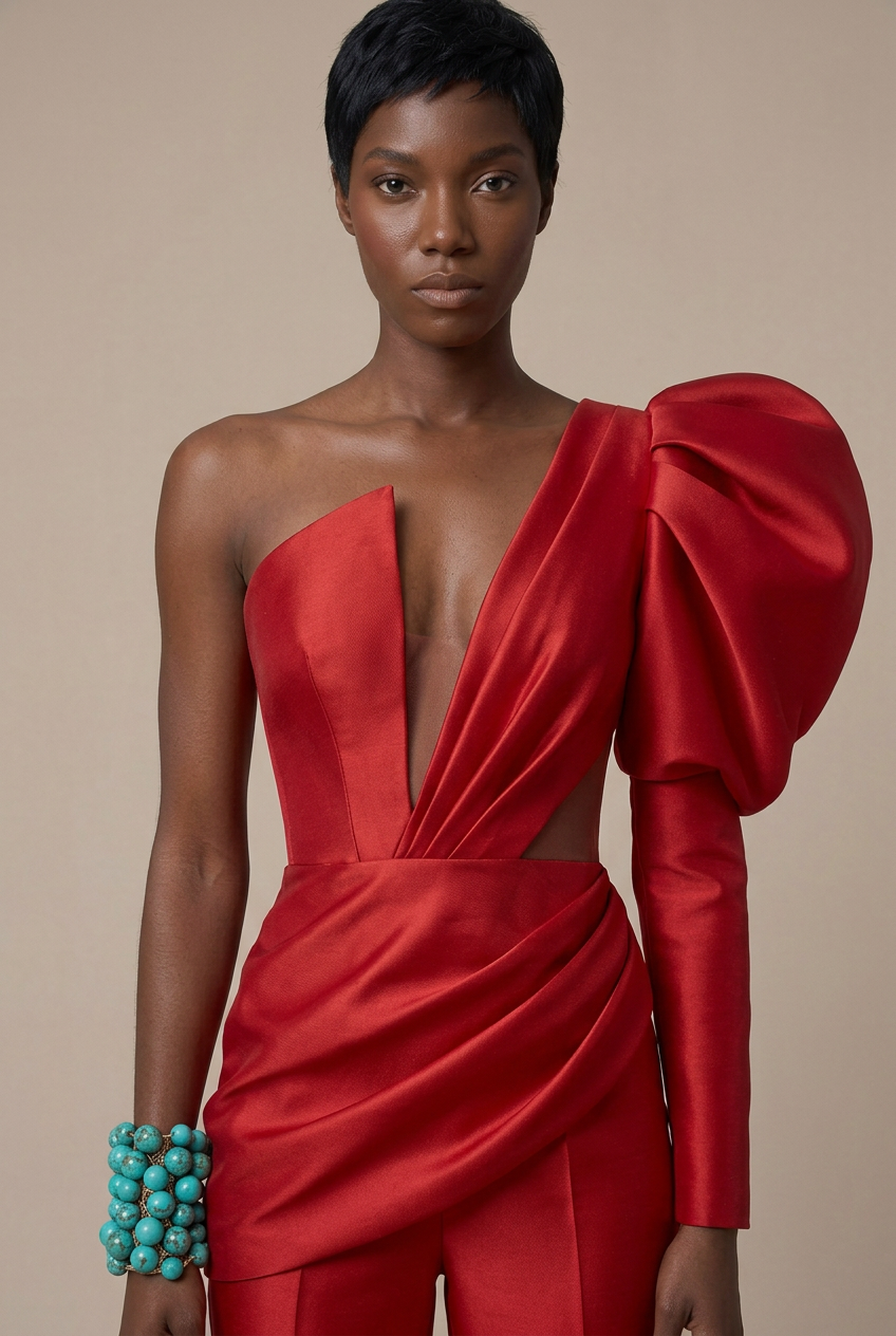 Red Couture Jumpsuit - Close Up