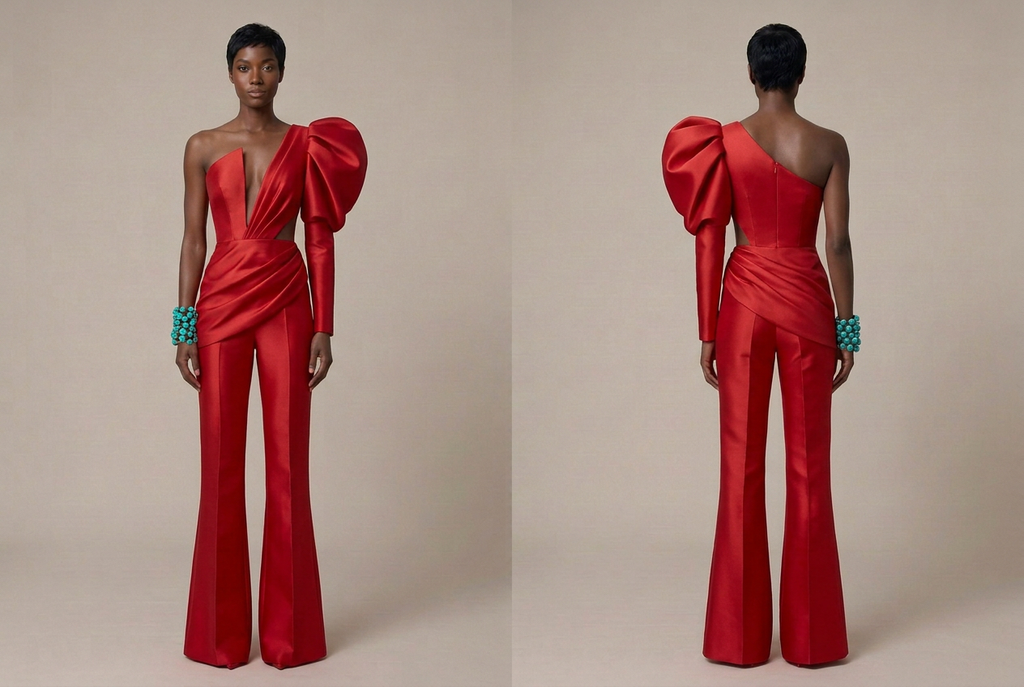 Red Couture Jumpsuit with Turquoise Bracelet