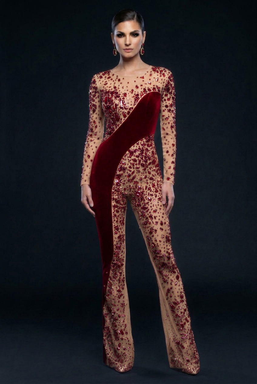 Red Crystal Jumpsuit - Nude Mesh