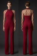 Red crystal jumpsuit on a fair-skinned model, front and back