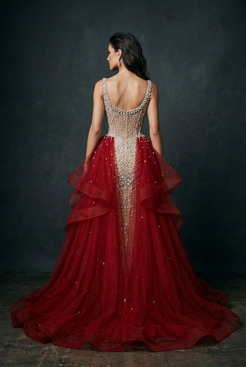 Red & Nude Pageant Gown with Overskirt - Back
