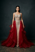 Red & Nude Pageant Gown with Overskirt - Front