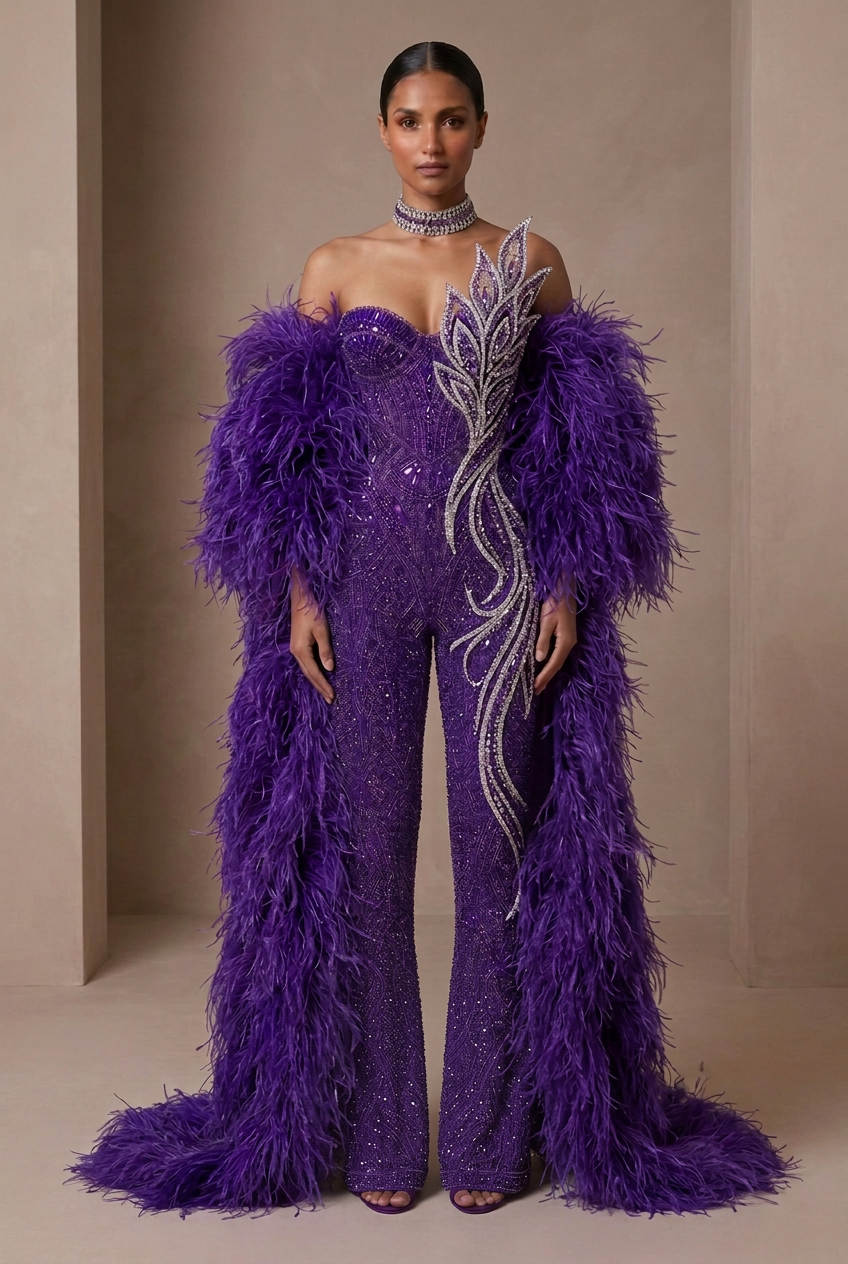 Royal purple couture jumpsuit with fitted legs and a slim floor-length flare