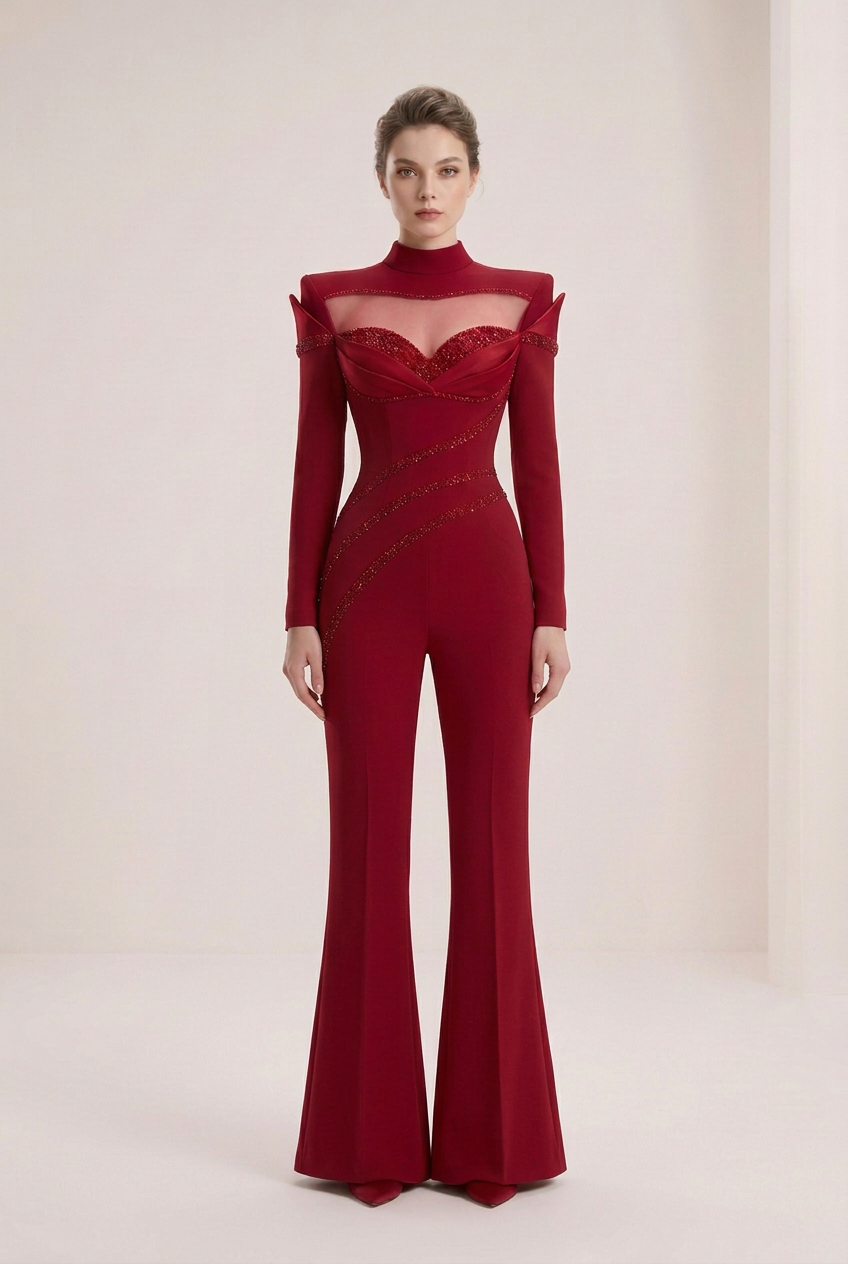 Ruby-red couture jumpsuit without arm capes or side skirts