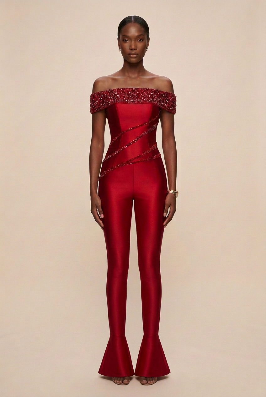 Ruby Red Jumpsuit - Slim Flare Tailored