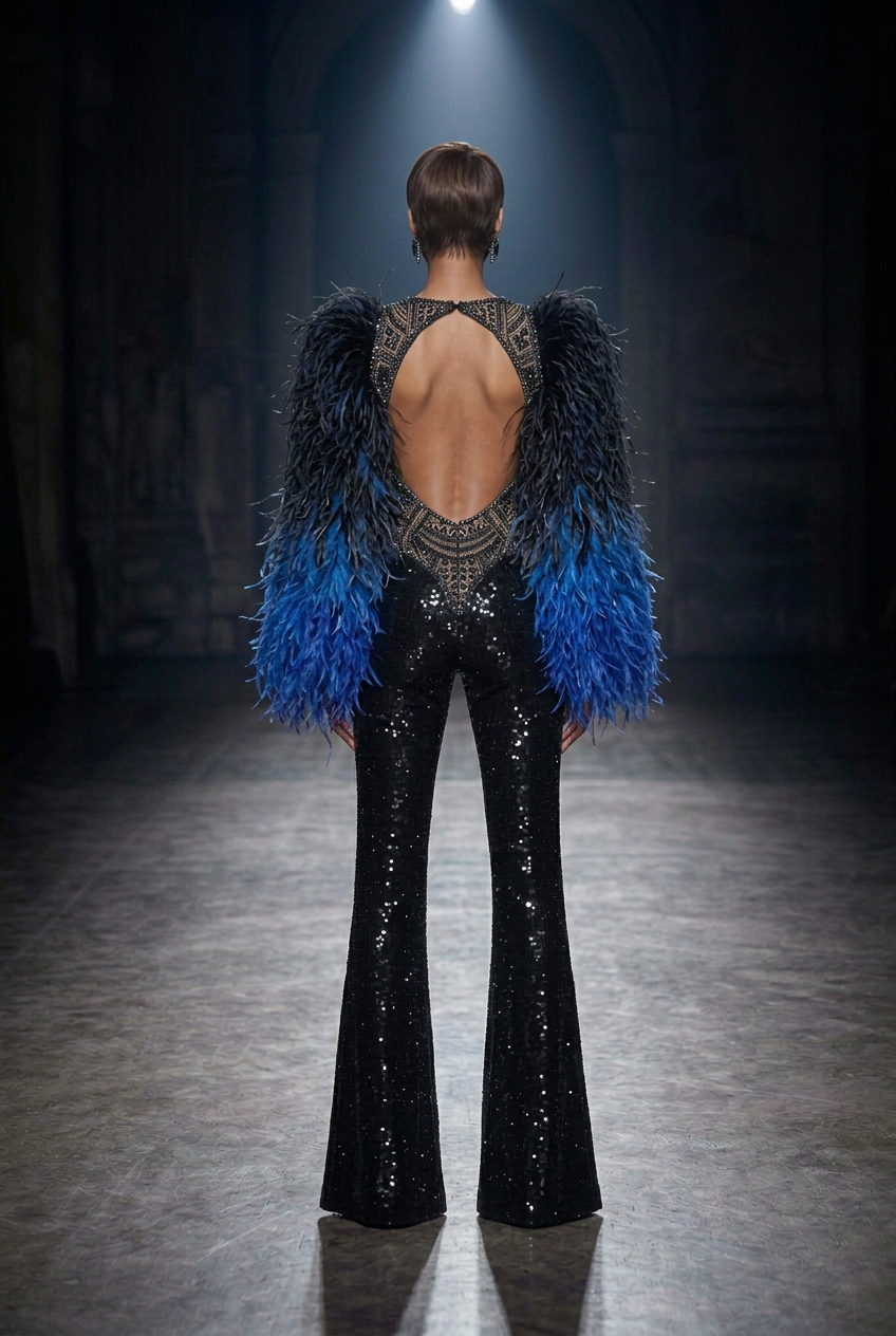Short Feather Sleeve Jumpsuit - Back Matching