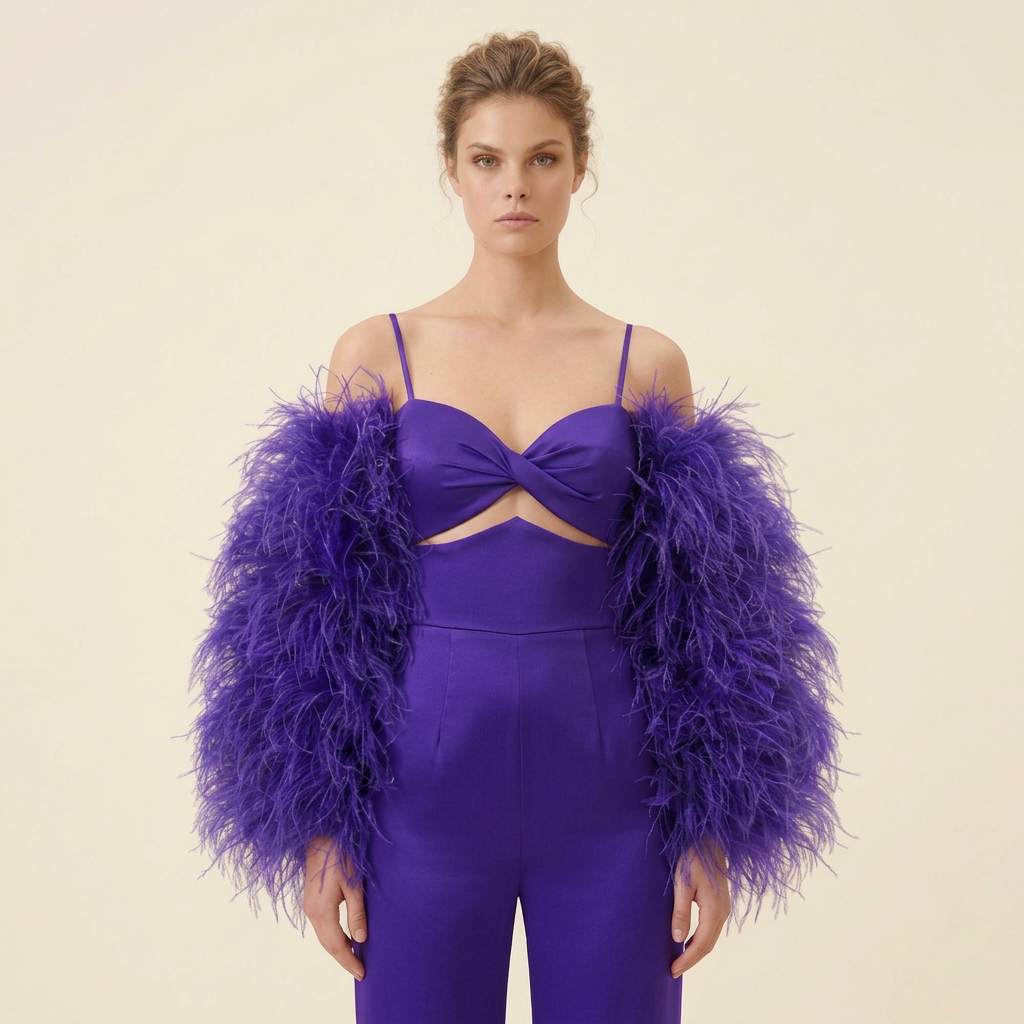 Single close-up of the purple twisted bodice and full feather sleeves