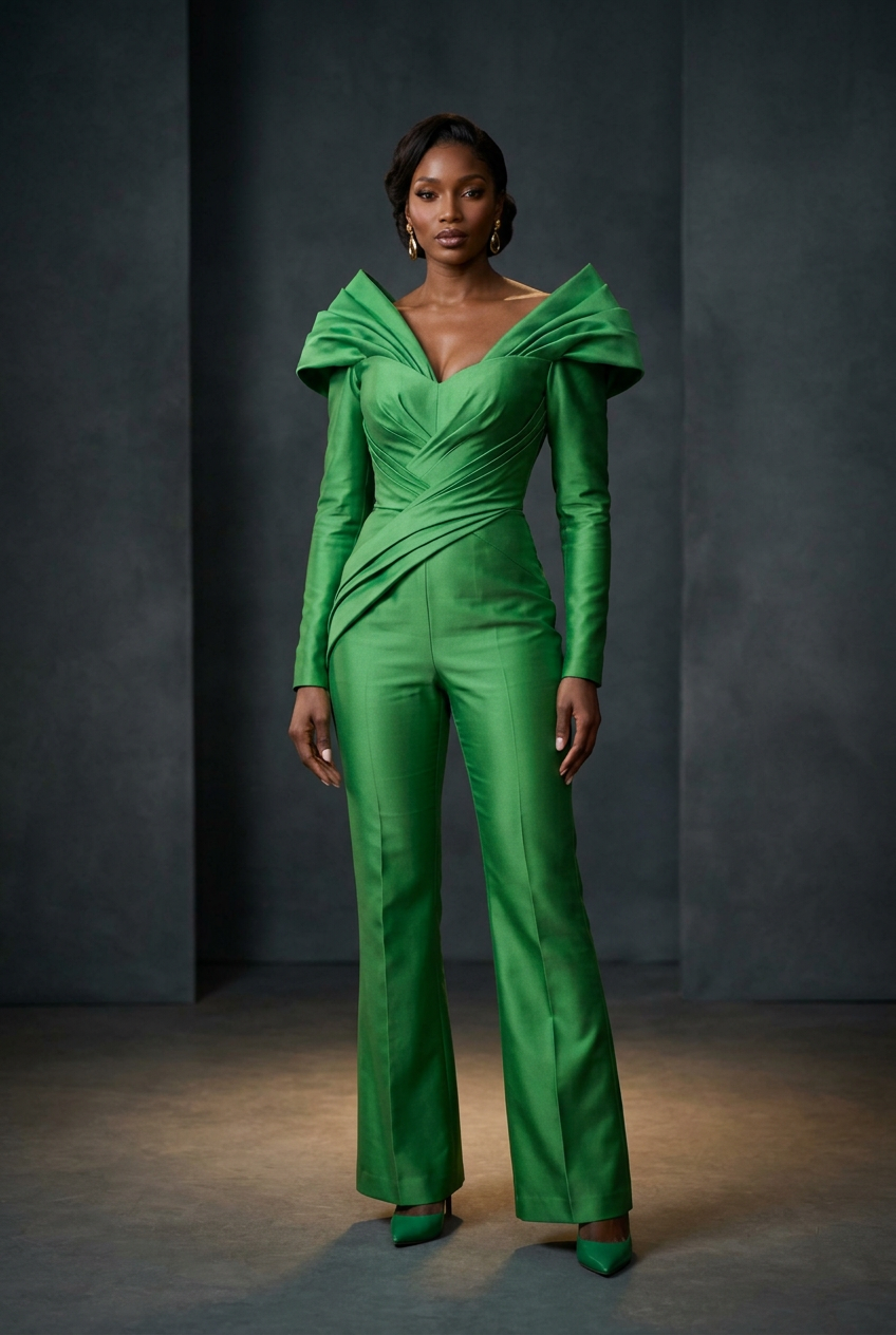 Solid green couture jumpsuit with no purse against a moody charcoal background