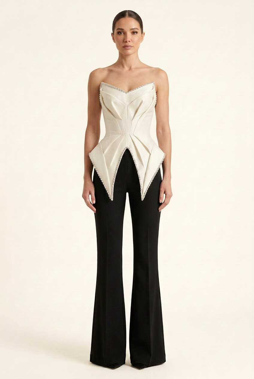 Strapless couture jumpsuit with an entirely white sculptural bodice, no sleeves or straps, and black tailored flared pants