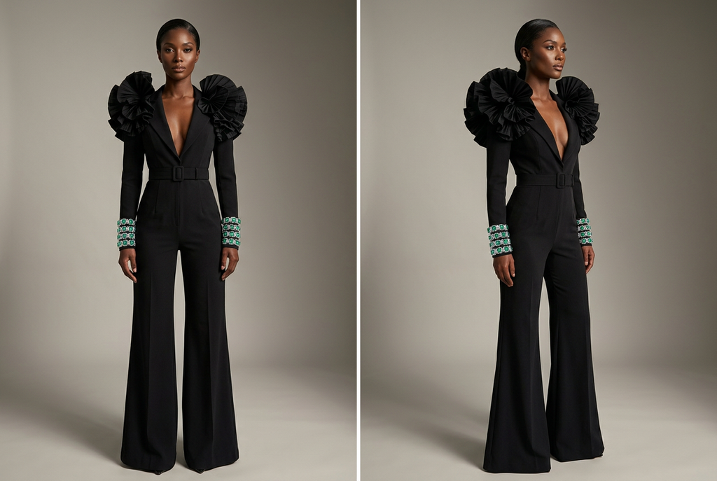 Two views with four-row emerald-and-crystal cuffs and a new model against a softly lit moody background