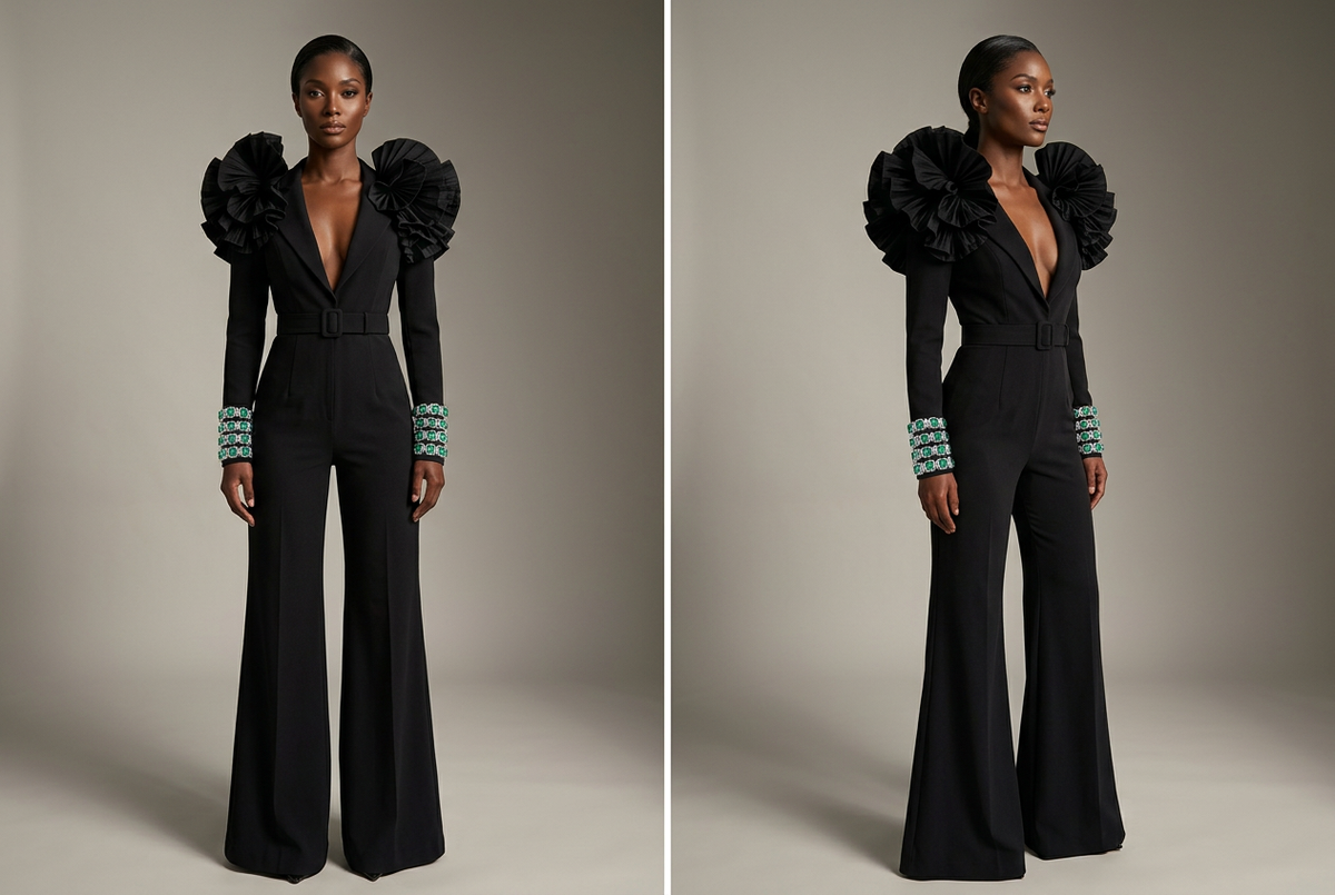 Two views with four-row emerald-and-crystal cuffs and a new model against a softly lit moody background